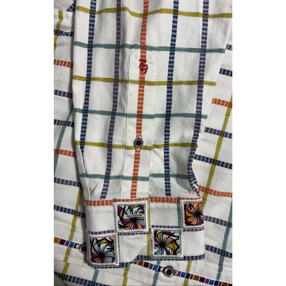 Robert Graham Button Up Plaid Shirt White Orange Embroidered Cuff Size Large L - Picture 7 of 12